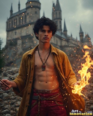 A bare-chested man in an open yellow shirt holds fire by a stone castle