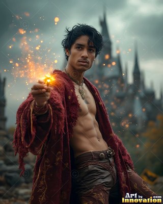 In a ragged red robe, a shirtless man casts golden sparks outside a dark castle spire