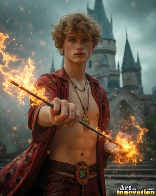 A young man points a thin rod forward as bright orange fire crackles along the wood