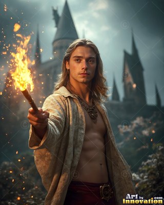 Facing forward just outside a castle, a blond man holds out a flaming wand