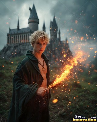 A blond man in a dark robe holds a flaming wand outside a stone castle