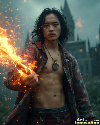 Outside a dark castle, a shirtless man in an open jacket points a burning wand