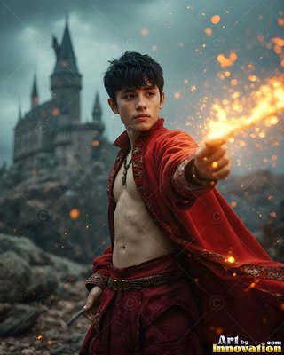 Casting sparks from a wand, a shirtless young man in a bright red robe stands near a castle