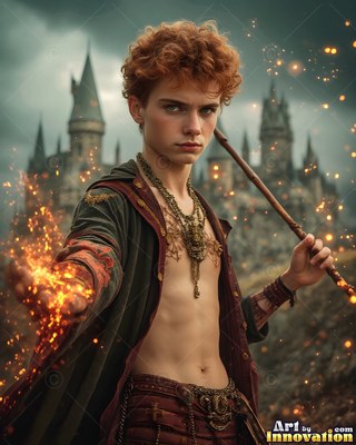 Young red-haired man casts sparks outside a castle