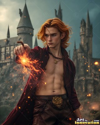 Red-haired young man in an open robe casts bright sparks outside a stone castle