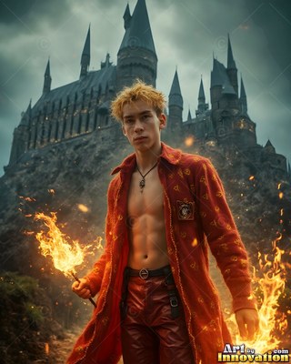 A shirtless young man holds a fiery wand before a castle, lit by bright orange fire