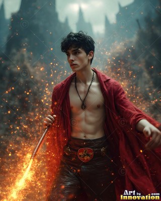 Facing forward, a shirtless young man in a red cloak holds a burning staff outside