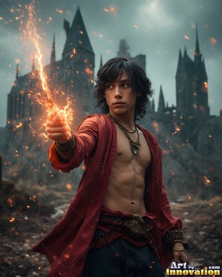 A young man in an unfastened red robe holds fire outside a stone castle