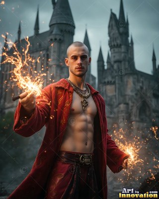 Outside a castle, a bare-chested man in an unbuttoned red coat holds fiery sparks