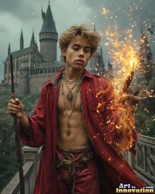 Casting bright sparks outside a stone castle, a young man wears a loose red coat