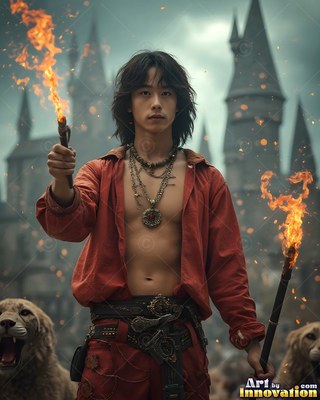 A man in a loose red shirt holds torches by lions