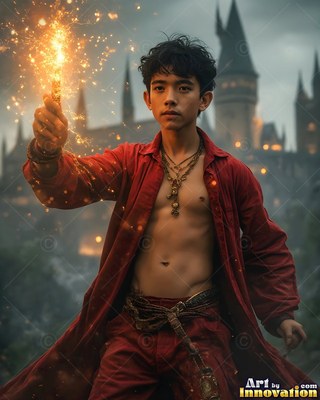 In an unbuttoned red shirt, a young man holds a sparking wand before a castle tower