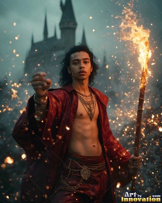 A young man in an unfastened red robe holds a flaming staff near a castle under golden sparks