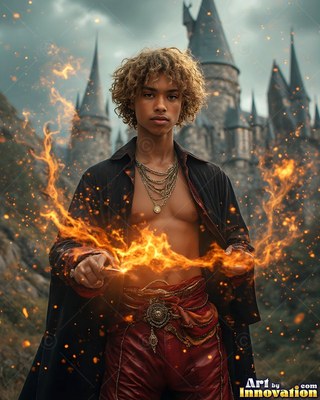 Standing before a castle, a young man clutches fire in his hands