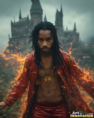 A man with dreadlocks wears an unbuttoned red coat surrounded by fire by a castle