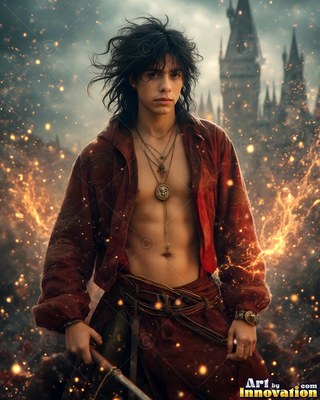 Just outside a castle, a young man in an unzipped red shirt stands in swirling sparks