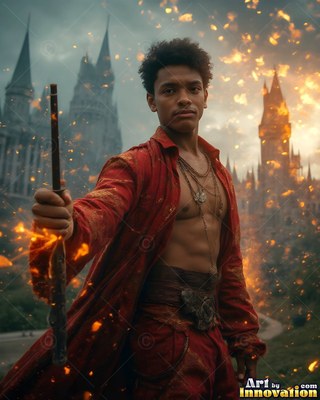 Holding out a wand, a young man in open red robes stands out in front of a castle in gold sparks