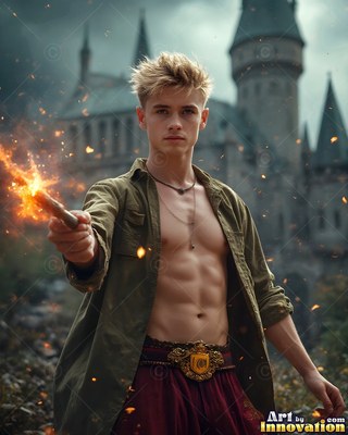 Young blond man aiming a fiery wand before a stone castle
