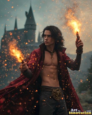 Wearing an unfastened red cape, a shirtless young man holds up two fiery wands out in front of a castle