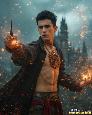 A young man points a wooden wand as orange sparks float through the air