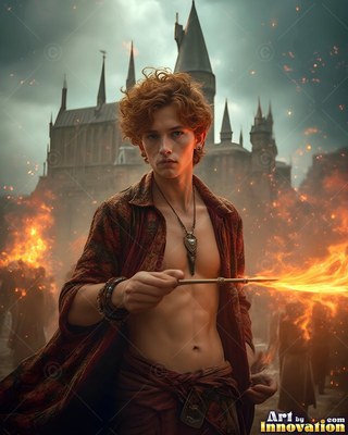 Facing forward before a castle, a shirtless man points a fire wand