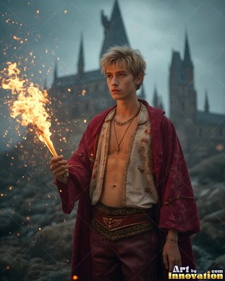 A young blond man in an unzipped scarlet robe holds a flaming wand near a castle