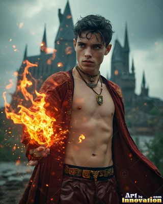 Just outside a castle, a bare-chested young man carries fire in his hand wearing an open red cloak