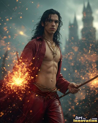 Holding a staff, a shirtless young man in a red open jacket stands in bright sparks