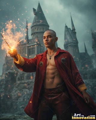 A shirtless young man grips a fiery wand before a stone castle