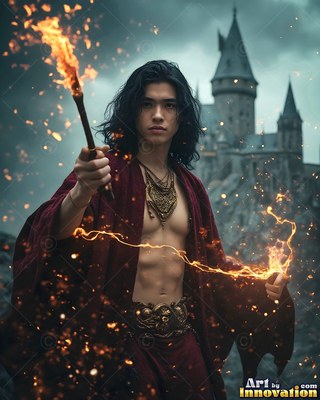 Wearing an open scarlet robe, a dark-haired man holds a fiery wand outside a tall gray castle