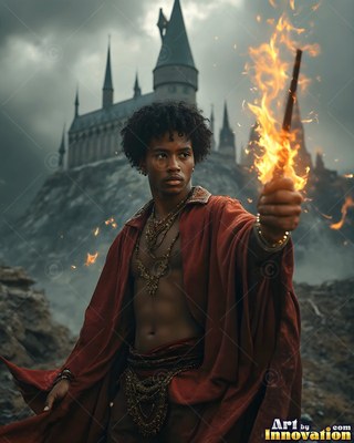 A young man holds out a flaming wooden wand against the backdrop of a dark stone castle