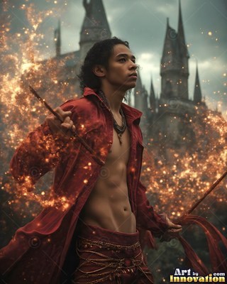 Turned sideways before a castle, a man in an open red coat holds a staff