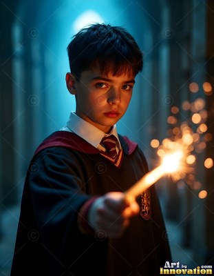 A young man points a bright sparking wand forward in a dark hallway