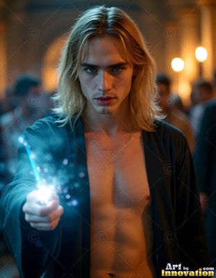 In a warm hall, a blond man wearing an unbuttoned black robe holds out a blue spark