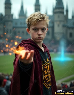 Holding fire in his hand, a young blond man in a deep red robe stands before a castle