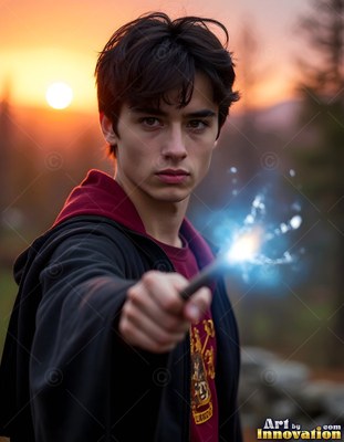 Young man in black robes points a wand at sunset with blue sparks