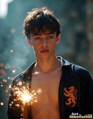 Wearing an open dark shirt with a lion crest, a young man holds a bright sparkler outside