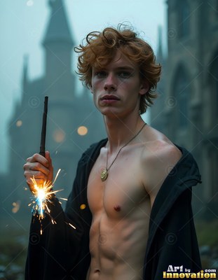 A shirtless red-haired man holds a magic wand sparking with bright blue and white light