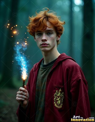 Facing forward in a dim forest, a red-haired young man clutches a sparking wand