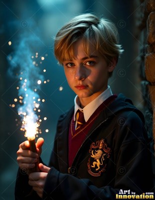 A young blond man in school robes holds a sparkling wand in the dark
