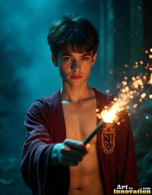 In a dark stone hall, a young man holds a sparking wand in his open maroon robe