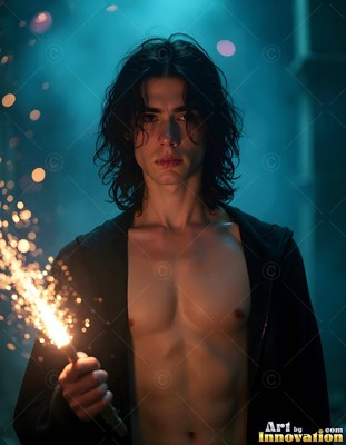 Holding a sparkler, a shirtless young man with dark wavy hair stands in blue light