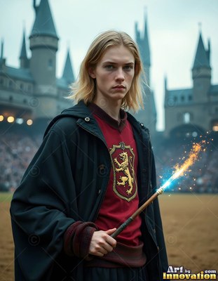 Young blond man holds a sparking wand near a castle