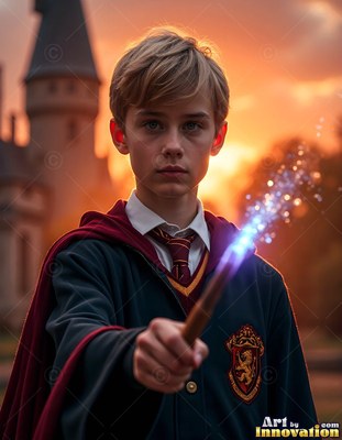 In a red-trimmed black robe just outside a castle at sunset, a young man aims a sparking wand