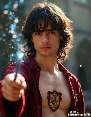A young man points a magic wand forward as blue sparks flare against his red shirt