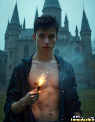 Facing forward before a castle, a bare-chested young man holds up a sparking wand
