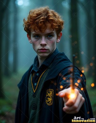 A red-haired young man in dark robes points a sparking wand forward in foggy woods