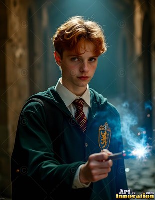 In a stone hallway, a young red-haired man in green robes points a wand with blue sparks