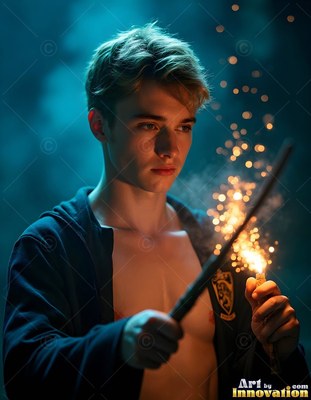 Holding a wand that shoots bright sparks, a shirtless young man looks down in the dark