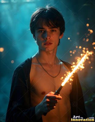 A young shirtless man holds a sparking wand in dim blue light